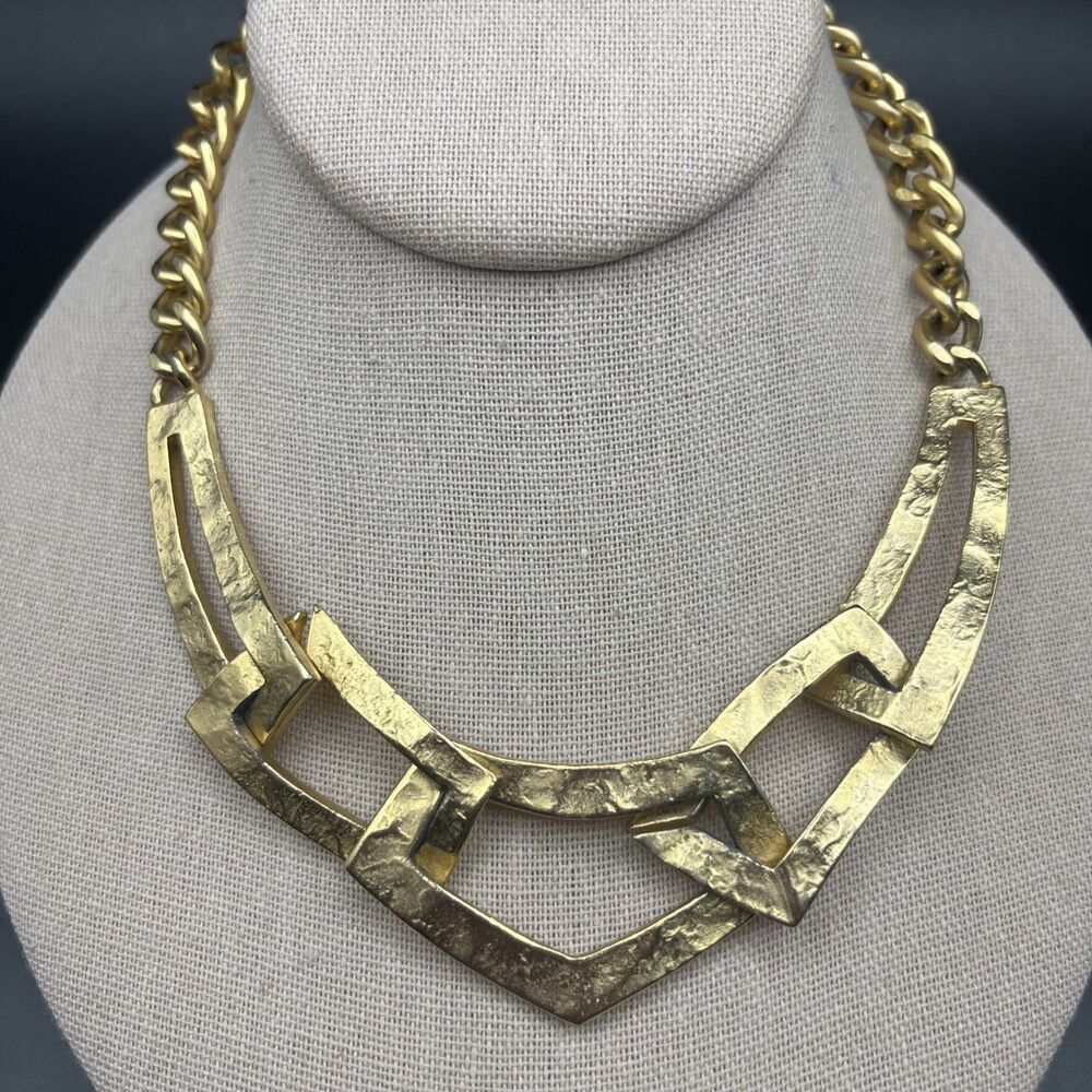 Vintage Abstract Collar Necklace Hammered Geometric Curb Link Textured Bold